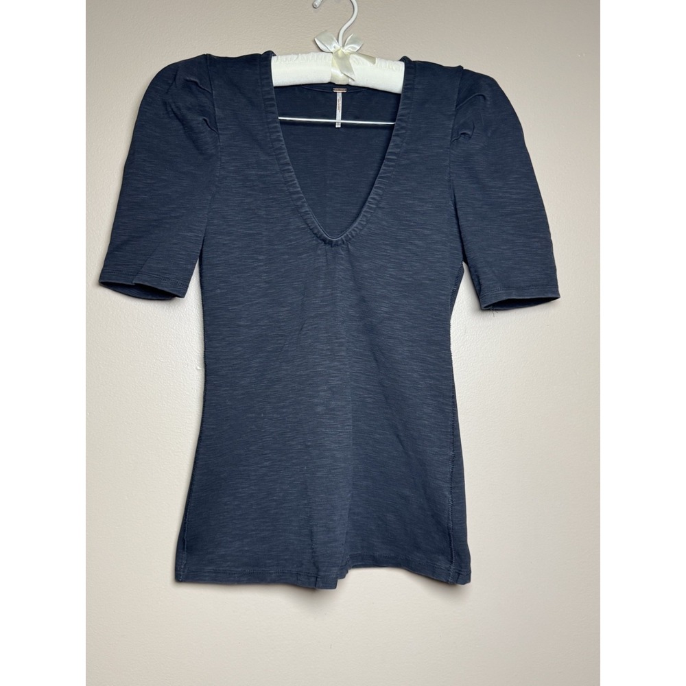 Free People Ellery Black Structured Puff Sleeve V Neck Knit Top Large